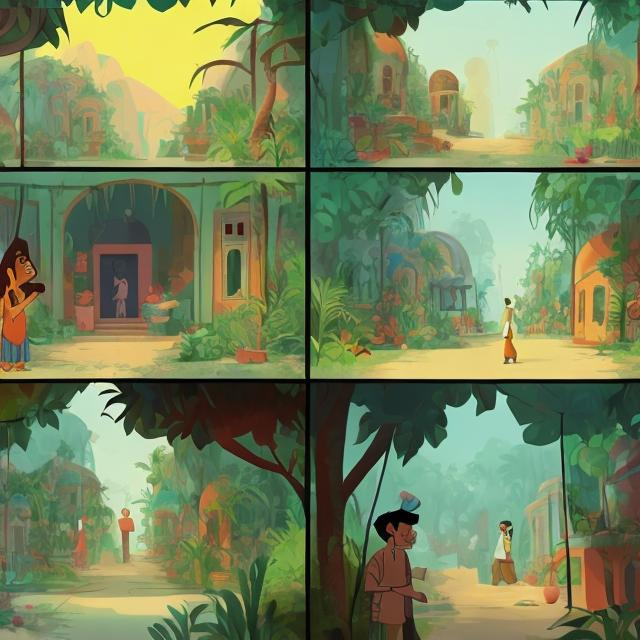 Prompt: color script panels for animated film about an israeli man in a mystery village in india in many colors. jungle. inside dark cabin. ART by cartoon saloon studio.