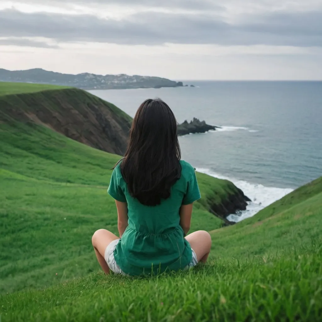 Prompt: A dark haired girl sitting on the green hill and looking into the ocean infront, picture from back