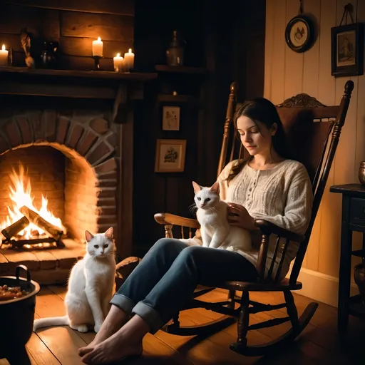 Prompt: A woman sits in a cozy dark room in a rocking chair with a white cat on her lap. In front of them is a fireplace where a delicious stew is being cooked in a little cauldron over the fire. There are some candles in the room.