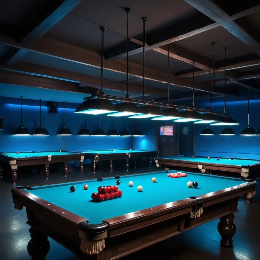 Prompt: Well-lit snooker hall with blue neon lighting, polished wooden tables, players in focus, billiard balls in motion, detailed cues, atmospheric lighting, high quality, realistic, blue neon lighting, polished wooden tables, focused players, in-motion billiard balls, detailed cues, atmospheric lighting