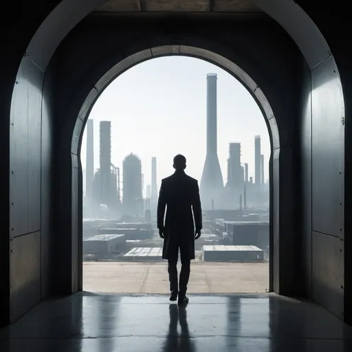 Prompt: The very distant silhouette of a man standing in an arched doorway with a futuristic industrial cityscape through the doorway