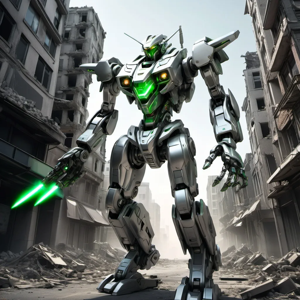 Prompt: SILVER mecha with 2 laser green eyes, flying over a crumbling city, full-body, cinematic render