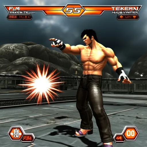 Prompt: 2000s tekken 5 game as fps game with HUD user interface, jet fighter,UI hud