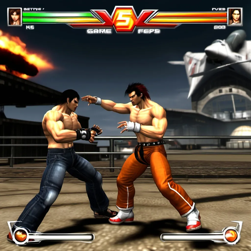 Prompt: 2000s tekken 5 game as fps game with HUD user interface, jet fighter,UI hud