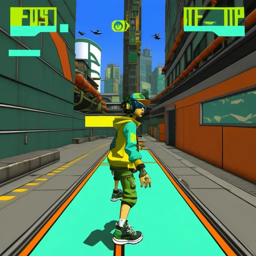 Prompt: 2000s jet set radio as fps game with HUD user interface, jet fighter,UI hud