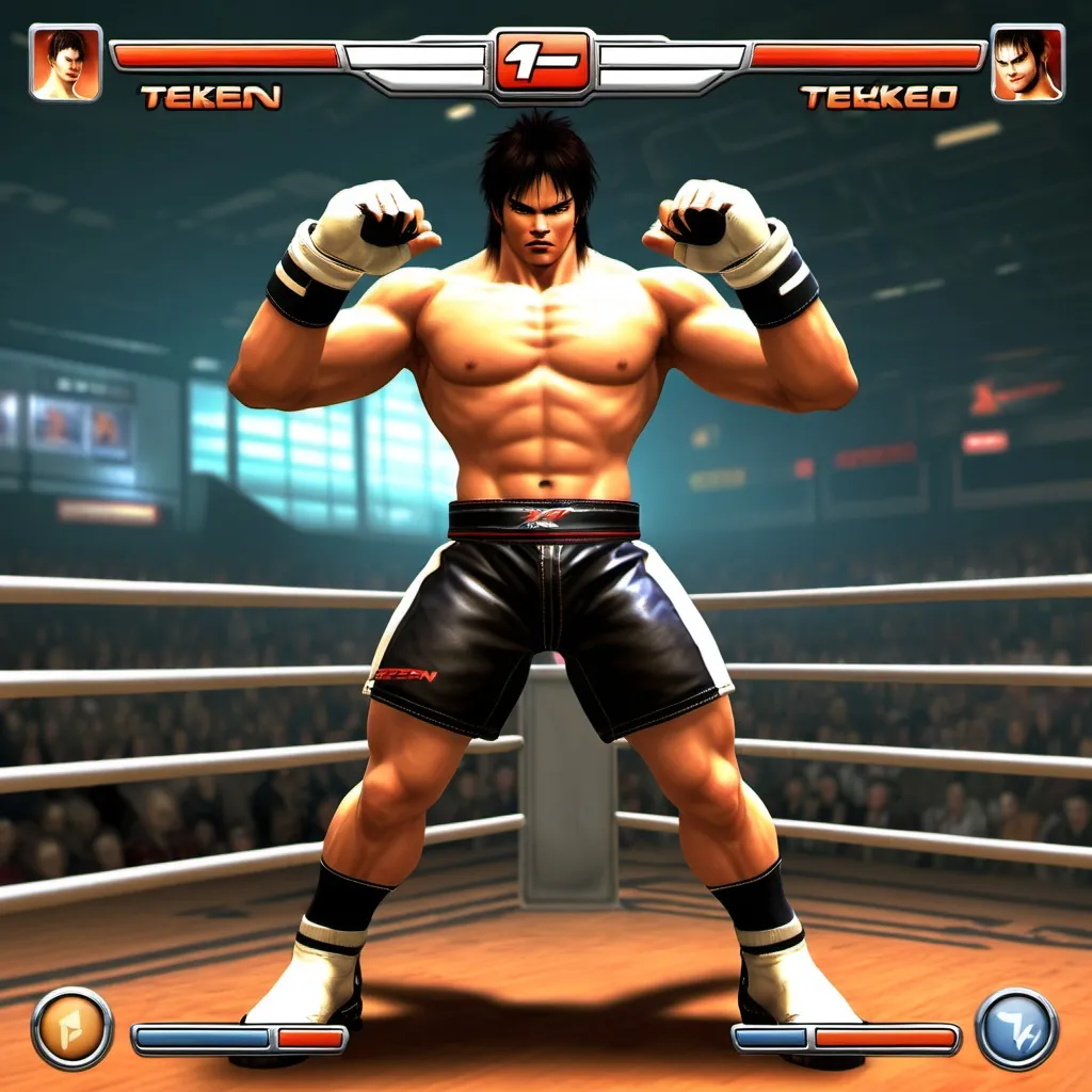 Prompt: 2000s tekken 4 game , character in Rugby boxing outfit  with HUD user interface, jet fighter,UI hud