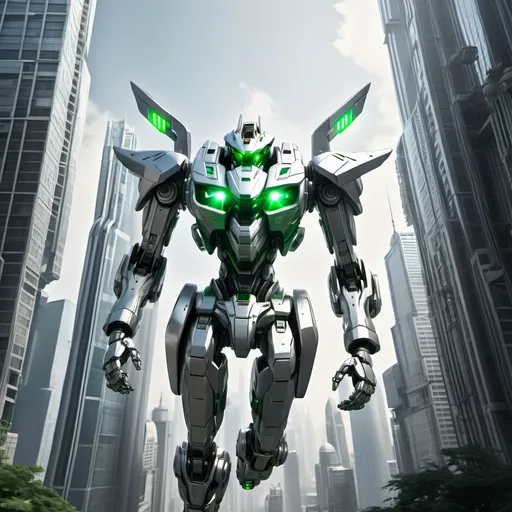 Prompt: SILVER mecha with 2 laser green eyes, flying over very tall Skyscrapers in dense city, full-body, cinematic render