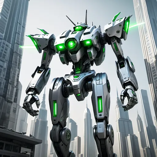 Prompt: SILVER mecha with 2 laser green eyes, flying over very tall Skyscrapers in dense city, full-body, cinematic render