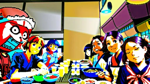 Prompt: . Studio Ghibli anime style, Family picture of 7 people, 1 man to the left and 6 women, anime scene. Background: Japanese restaurant; Lots of food and plates, happy gathering with laughters. 