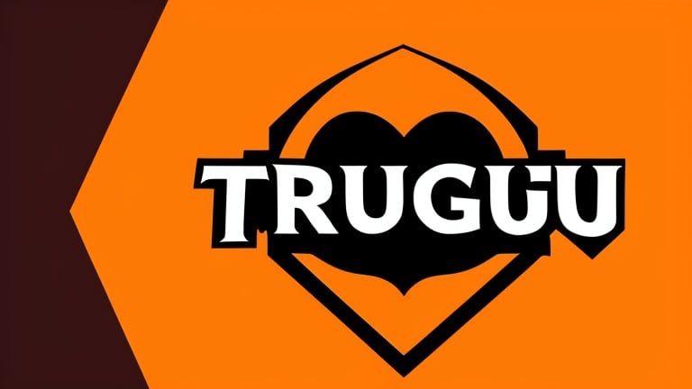 Prompt: logo with a bold text of "TRUSTAG" with a background of a lady holding her first to her chest in a orange color