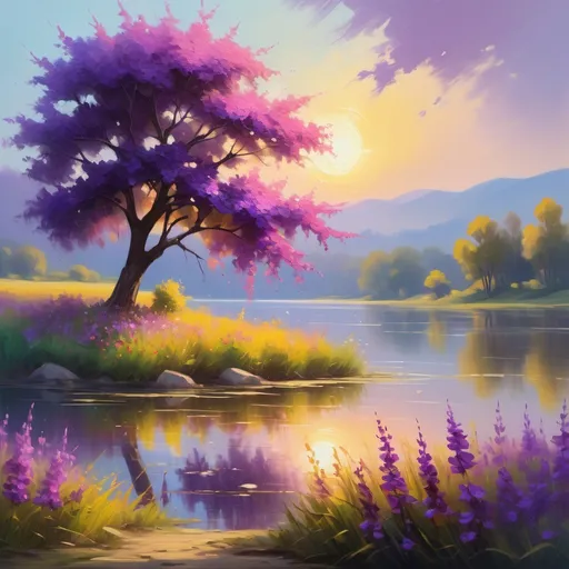 Prompt: (impressionist painting), (beautiful landscape), a serene lake reflecting vivid colors, a majestic tree standing tall, a vibrant field filled with purple flowers gently swaying in the breeze, intricate flower details, soft brush strokes, warm sunlight casting a golden hue, tranquil and peaceful ambiance, highly detailed, 4K, breathtaking natural scenery.