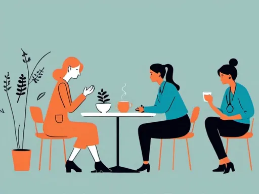 Prompt: flat illustration of women discussing something with a doctor by the table with some herb tea on it