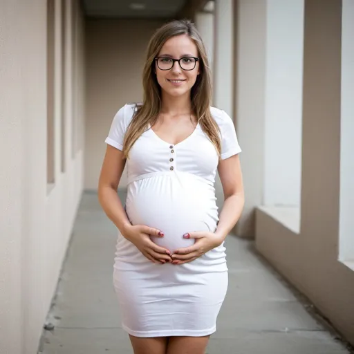 Prompt: 4 months pregnant wearing glasses white shortdress