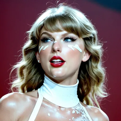 Prompt: Taylor swift wear bodysuit, sticky white drips on her face, tongue out 