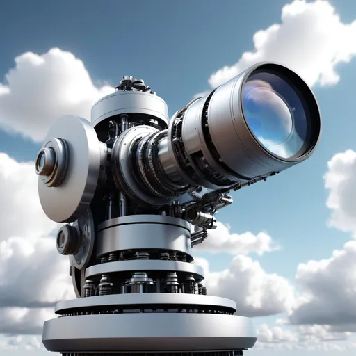 Prompt: a picture of a machine with a lens on it's side and a sky background with clouds in the background, Enguerrand Quarton, photorealism, 3 d model, a computer rendering