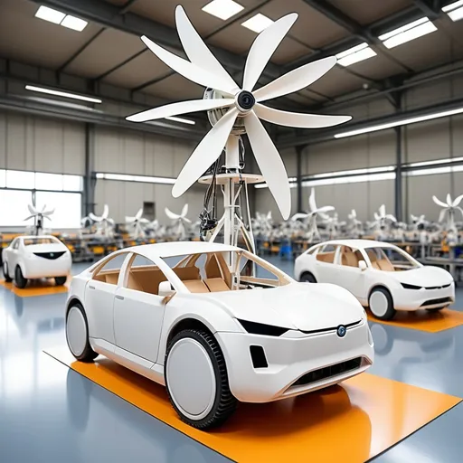 Prompt: A complete robotic  car factory wind powered.