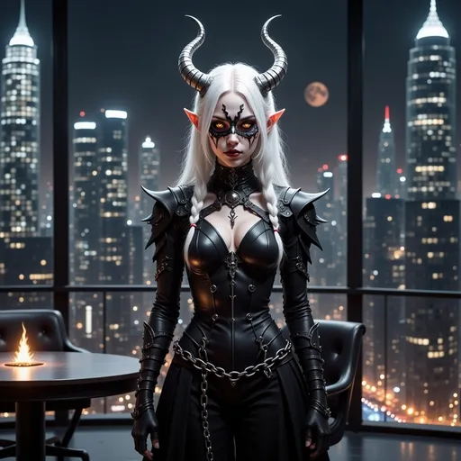 Prompt: Standing beautiful  girl with white hair, in dark gothic dress,  silver eye mask dark souls style, at the meeting in expensive business office, office with the view on a night city and tall skyscrapers 