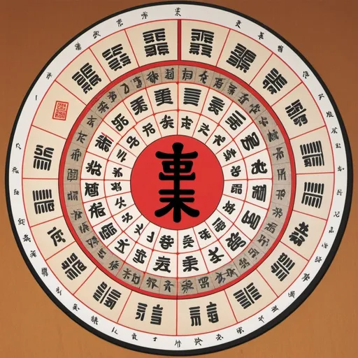 Prompt: Create an i-ching wheel showing on the outside of the circumference all the 64 characters