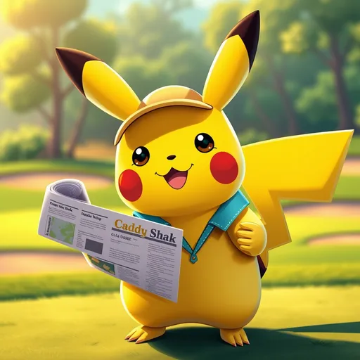 Prompt: Pikachu, Caddy Shack movie theme, holding a rolled newspaper, humorous and light-hearted vibe, vibrant colors reminiscent of a sunny golf course, playful posture and expression, detailed background depicting a lush green golf course with sand traps, soft warm lighting, cartoonish style, ultra-detailed, 4K resolution, cheerful atmosphere that conveys fun and adventure.