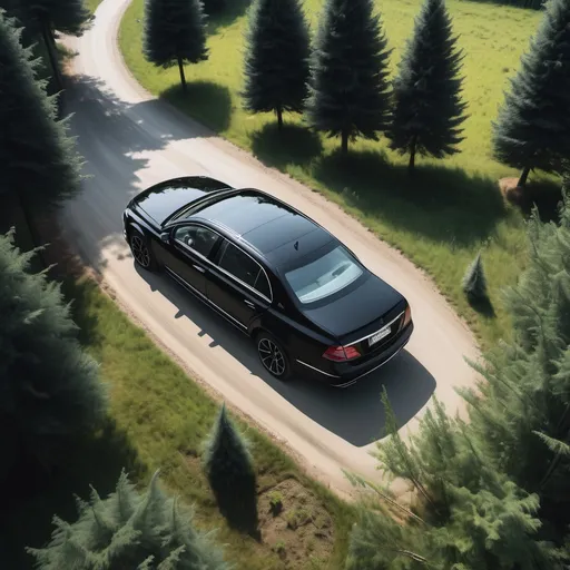 Prompt: A Birds eye view , of
A fancy black car with its fully tinted windows is pulling up slowly to a farm house in a large forest area.