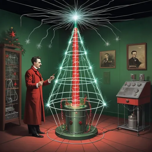 Prompt: dada style art of nicola tesla, celebrating christmas in a faraday cage accompanied by a tesla coil that is decorated like a christmas tree