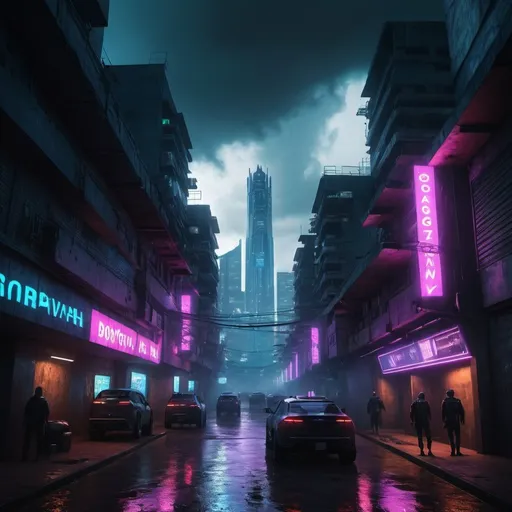 Prompt: Cyberpunk version of Bogota downtown in year 2090 with very dramatic lighting