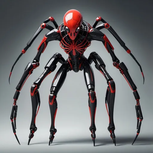 Prompt: full body image of a futuristic cyborg creature half spider half human, from year 2300 with 8 bionic legs. Black and red as predominant color palette