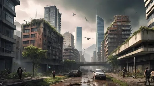 Prompt: Ina futuristic Bogota city, in the year 2540, people have already left the city after a pandemic and all buildings and streets are falling apart and being invaded by wild vegetation and wild animals, show me the downtown in this post-apocalyptic scenario