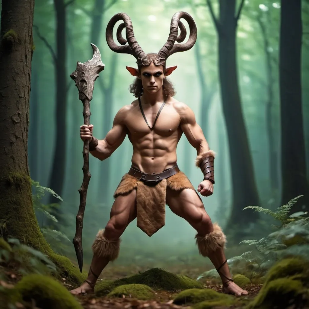 Prompt: full body muscular faun warrior in a magic forest and ready to fight