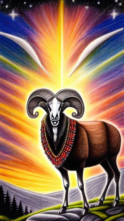 Prompt: Colored pencil drawing of a ram under a starry sky