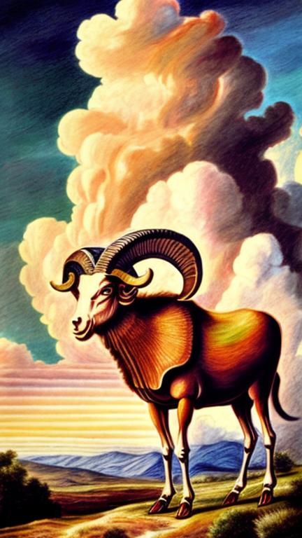 Prompt: Colored pencil drawing on parchment of a ram under colorful clouds
