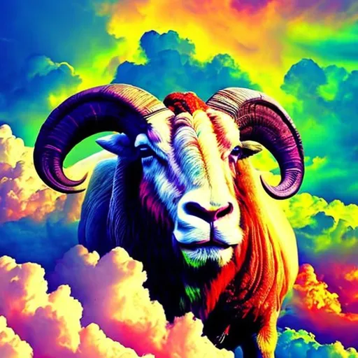 Prompt: poster of colorful clouds and a ram at the bottom