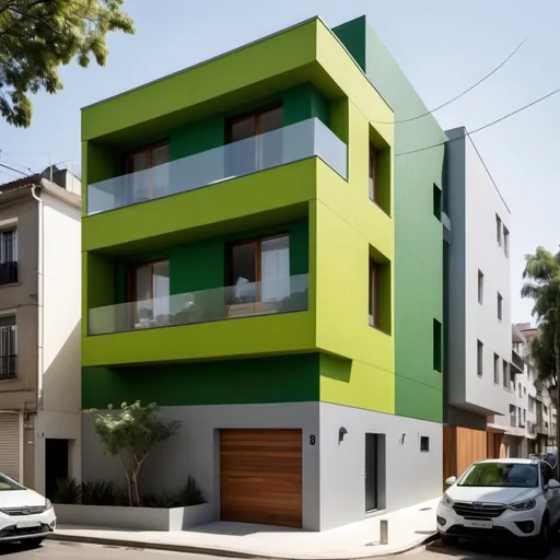 Prompt: crea una fachada de una casa multifamiliar con una retícula de 3x3 y tambien que tenga variantes de 3x 1.5 que tenga muros verdes y que sea sostenible. de 4 pisos y una terraza y área  verde en la parte de abajo con 3 departamento por nivel que tengas muchas plantas verdes y el estacionamiento quede a lado y que tenga ventanales grandes y que no sea un rectángular y que tenga un terreno de 300 metos cuadrados pero que el edificio solo cubra 100 metros cuadrados que no sea color verde el edificio el edifio lo quiero color blanco y minimalista