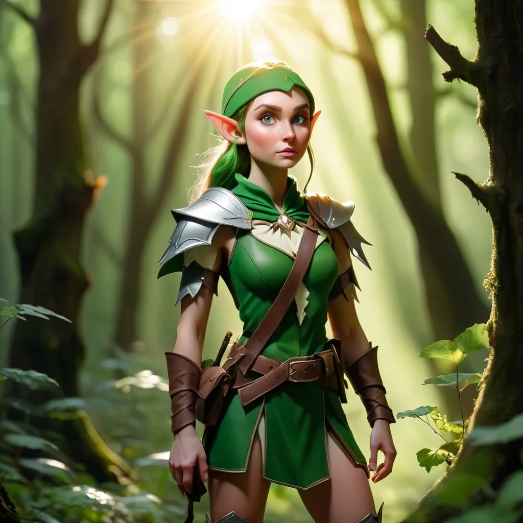 Prompt: Elf ranger in a mystical forest around sunlight