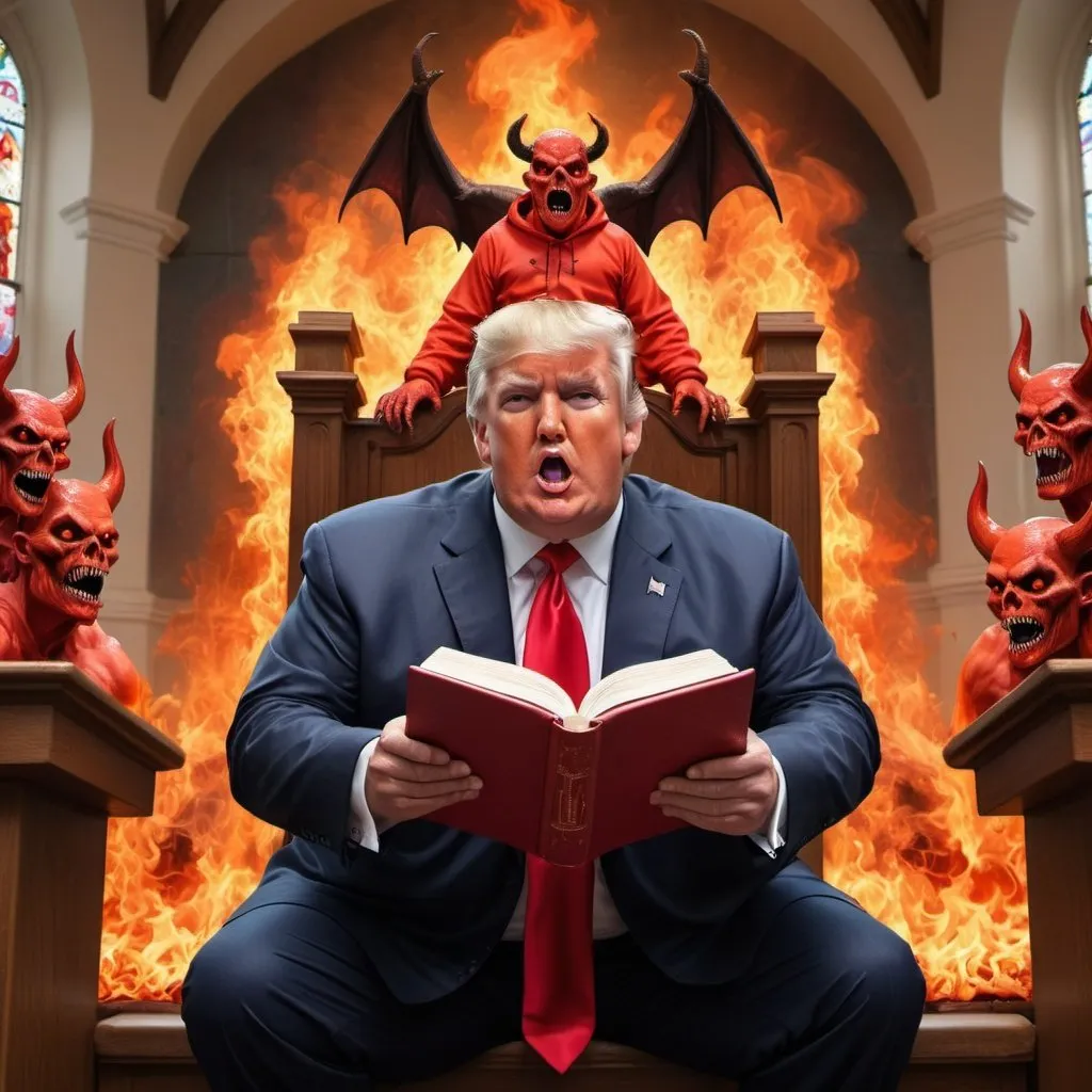 Prompt: Obese Donald Trump as Satan, holding holy Bible in front of congregation in Hell with demons, red and orange flames, MAGA people in red baseball caps on Hell sitting in church pews,  hyper-realistic, Herbert Block style cartoon, colorful, detailed, comedic 