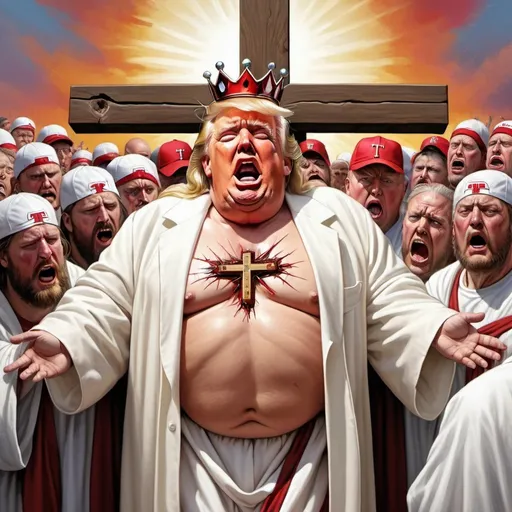 Prompt: Obese Donald Trump depicted as Jesus Christ nailed to Christian cross, white robe, crown made of thorns, crying and wailing people in white robes and red baseball caps beneath Donald Trump on cross, hyper-realistic, Herbert Block style cartoon, colorful, detailed, comedic 