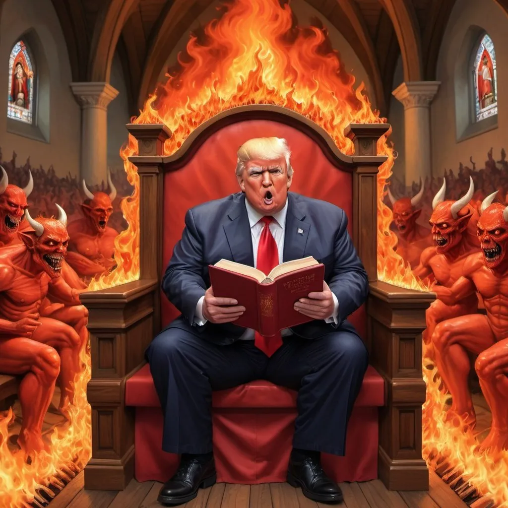 Prompt: Obese Donald Trump as red Satan holding Bible in Hell, red and orange flames, demons, people in red baseball caps in Hell sitting in church pews, hyper-realistic, Herbert Block style cartoon, colorful, detailed, comedic 