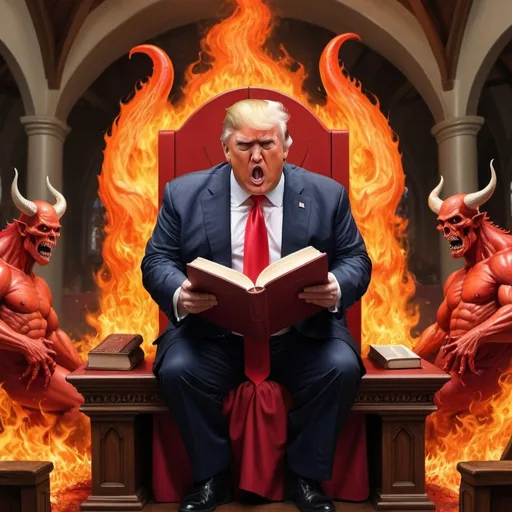 Prompt: Obese Donald Trump as red Satan holding Bible in Hell, red and orange flames, demons, people in red baseball caps in Hell sitting in church pews, hyper-realistic, Herbert Block style cartoon, colorful, detailed, comedic 