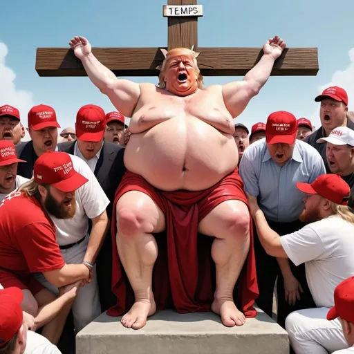 Prompt: Obese Donald Trump dressed as Jesus Christ crucified on a tall Christian cross, people in red baseball caps on their knees below him crying, hyper-realistic, Herbert Block style cartoon, colorful, comedic 