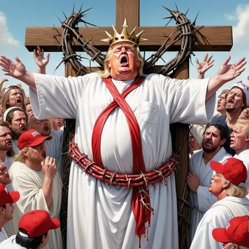 Prompt: Obese Donald Trump depicted as Jesus Christ nailed high on a Christian cross, white robe, crown made of thorns, crying and wailing people in white robes and red baseball caps beneath Donald Trump on cross, hyper-realistic, Herbert Block style cartoon, colorful, detailed, comedic 