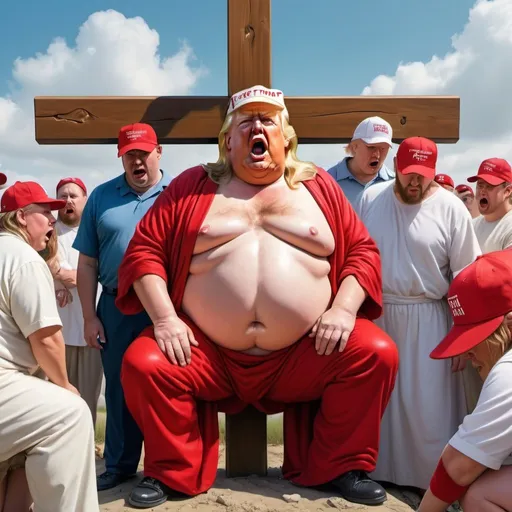 Prompt: Obese Donald Trump dressed as Jesus Christ, crucified on tall Christian cross, people in red baseball caps on their knees below him crying, hyper-realistic, Herbert Block style cartoon, colorful, comedic 