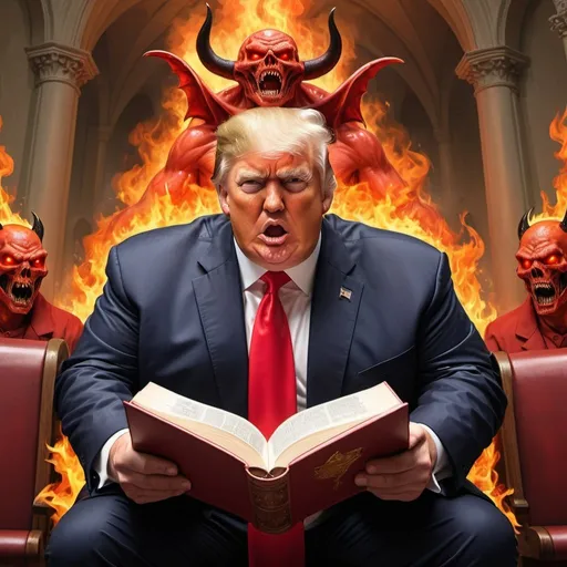 Prompt: Obese Donald Trump as Satan, holding holy Bible in front of congregation in Hell with demons, red and orange flames, MAGA people in red baseball caps on Hell sitting in church pews,  hyper-realistic, Herbert Block style cartoon, colorful, detailed, comedic 