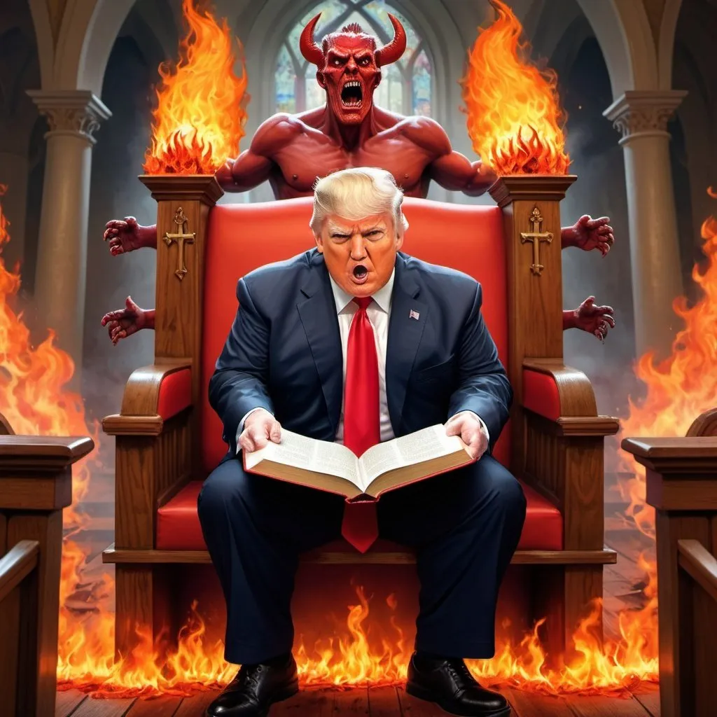 Prompt: Obese Donald Trump as red Satan holding Bible in Hell, red and orange flames, demons, people in red baseball caps in Hell sitting in church pews, hyper-realistic, Herbert Block style cartoon, colorful, detailed, comedic 