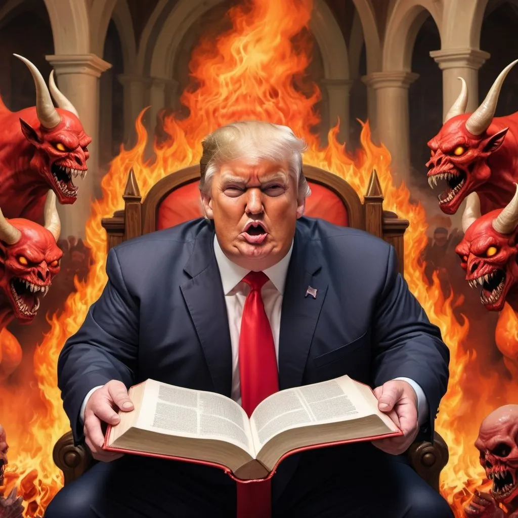 Prompt: Obese Donald Trump as Satan, holding holy Bible in front of congregation in Hell with demons, red and orange flames, MAGA people in red baseball caps on Hell sitting in church pews,  hyper-realistic, Herbert Block style cartoon, colorful, detailed, comedic 