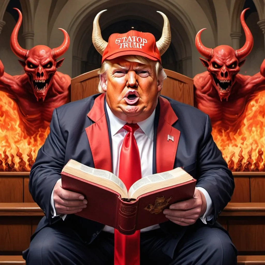 Prompt: Obese Donald Trump as Satan, holding holy Bible in front of congregation in Hell with demons, red and orange flames, MAGA people in red baseball caps on Hell sitting in church pews,  hyper-realistic, Herbert Block style cartoon, colorful, detailed, comedic 