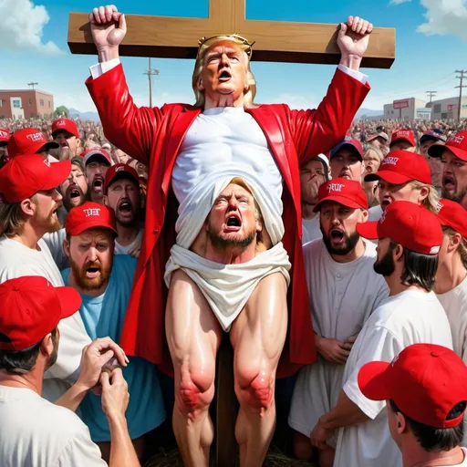 Prompt: Donald Trump crucified on tall Christian Cross dressed as Jesus, people in red baseball caps on their knees below him crying, hyper-realistic, Herbert Block style cartoon, colorful, comedic 