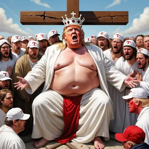 Prompt: Obese Donald Trump depicted as Jesus Christ nailed high on a Christian cross, white robe, crown made of thorns, crying and wailing people in white robes and red baseball caps beneath Donald Trump on cross, hyper-realistic, Herbert Block style cartoon, colorful, detailed, comedic 