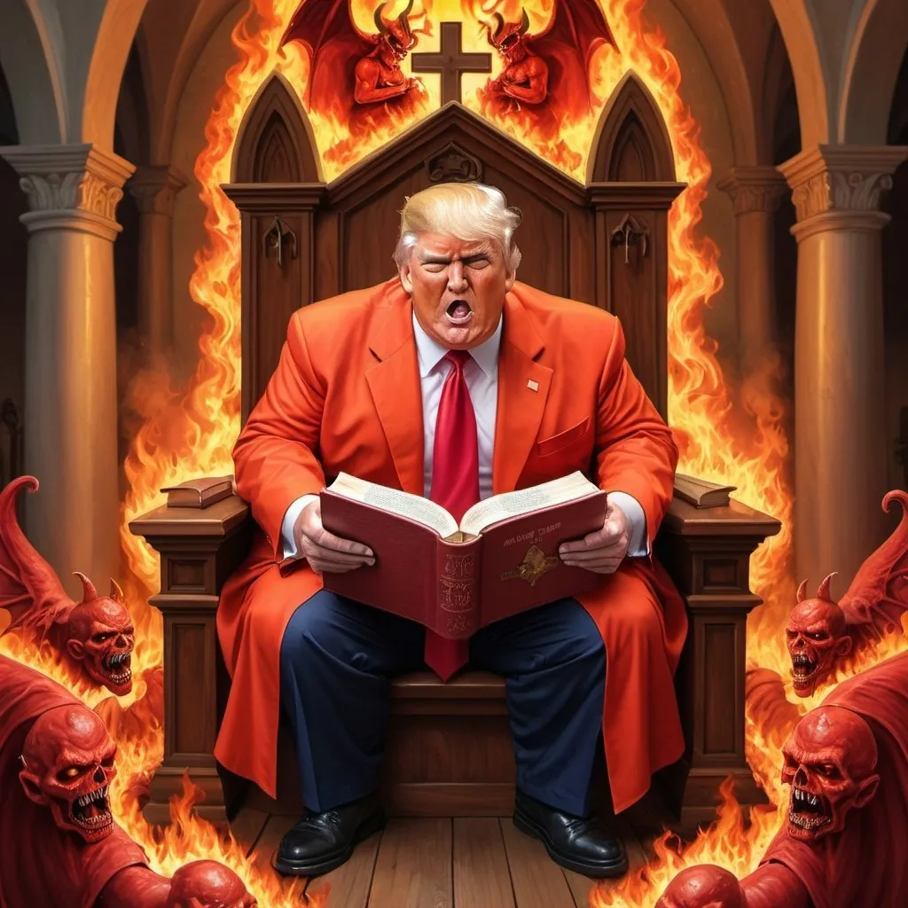 Prompt: Obese Donald Trump as red Satan holding Bible in Hell, red and orange flames, demons, people in red baseball caps in Hell sitting in church pews, hyper-realistic, Herbert Block style cartoon, colorful, detailed, comedic 