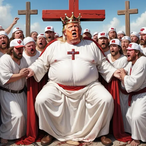 Prompt: Obese Donald Trump depicted as Jesus Christ nailed to Christian cross, white robe, crown made of thorns, crying and wailing people in white robes and red baseball caps beneath Donald Trump on cross, hyper-realistic, Herbert Block style cartoon, colorful, detailed, comedic 