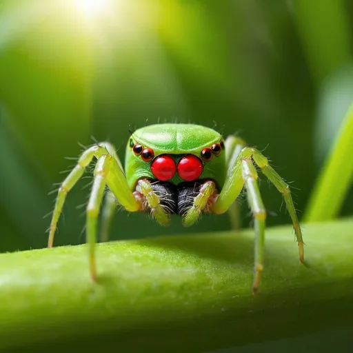 Prompt: A cute green spider with a red straw head sitting in the jungle